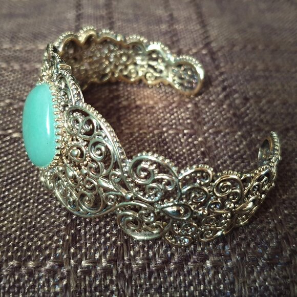 Vintage 1950s Chinese Export Green Jade Sterling Gold Vermeil Filigree Bracelet - Picture 3 of 13